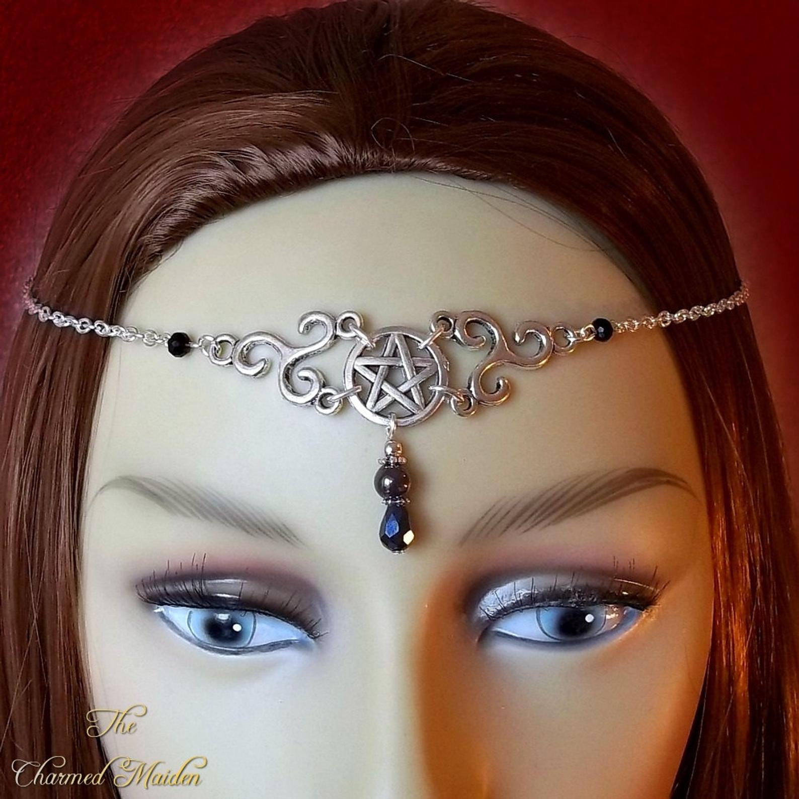 WiccMoon Circlet, Pagan Headdress Wiccan Head Chain Moon &amp; Triskele Headpiece Gothic Head Chain: B11