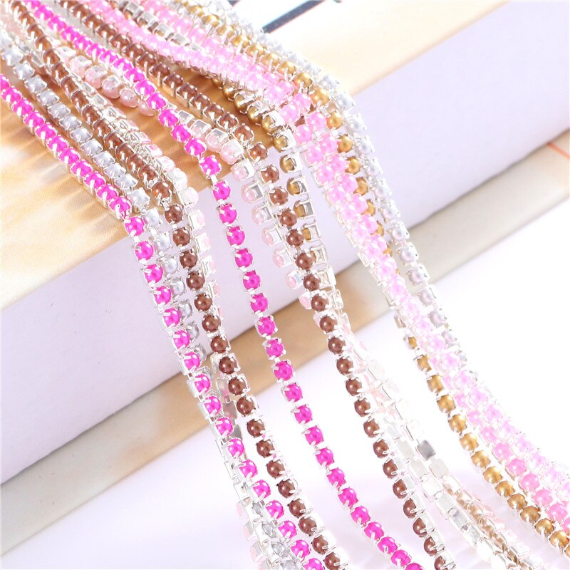 2Mm Crystal Pearl Rhinestone Chain Silver Base Cup Parel Ketting Voor Naaien Diy Kledingstuk Accessoires Trim