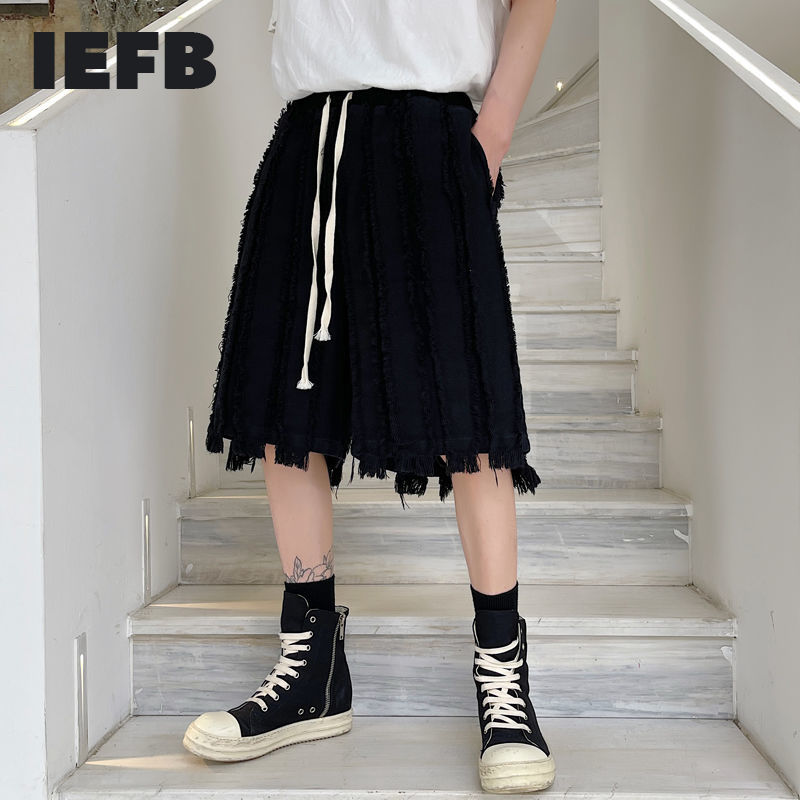 IEFB Summer Patchwork Moustache Effect Ribbon Denim Knee Length Pants Drawstring Elastic Waist Men's Jeans Shorts