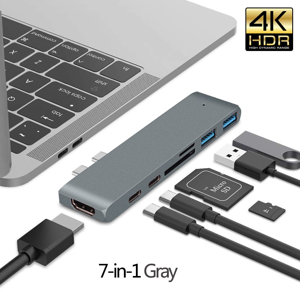 USB 3,1 tipo-C a HDMI Adaptador 4K Thunderbolt 3, USB-C con Hub 3,0 SD TF lector PD para MacBook Pro aire M1 Chip: 2T 7 in 1 Gray