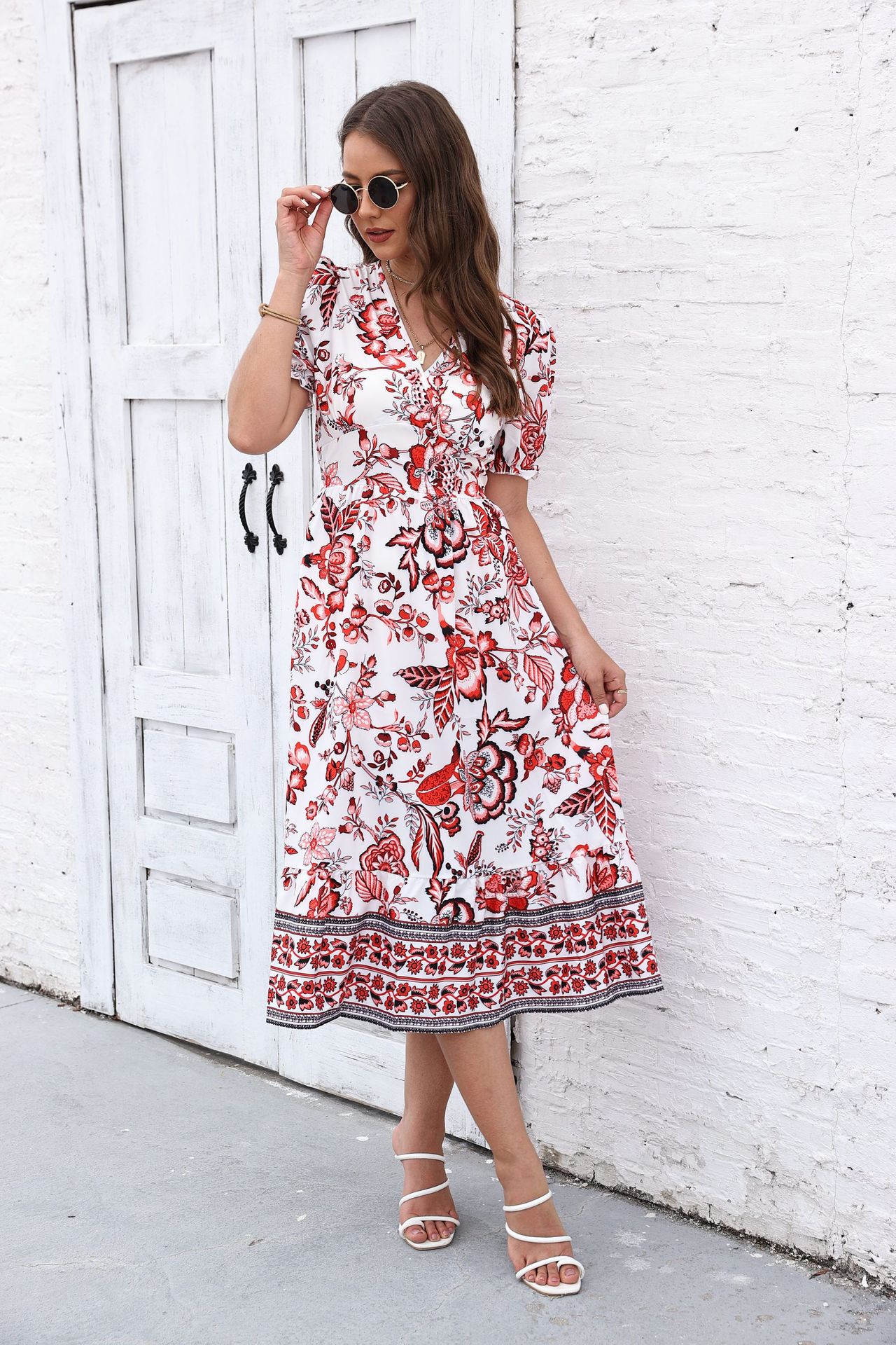 FSMG Floral Print V Neck Half Puff Sleeve Boho Maxi Dress Sweet Ethnic Style Beach Long Robe Evening Party Gowns: XXL / SKY BLUE