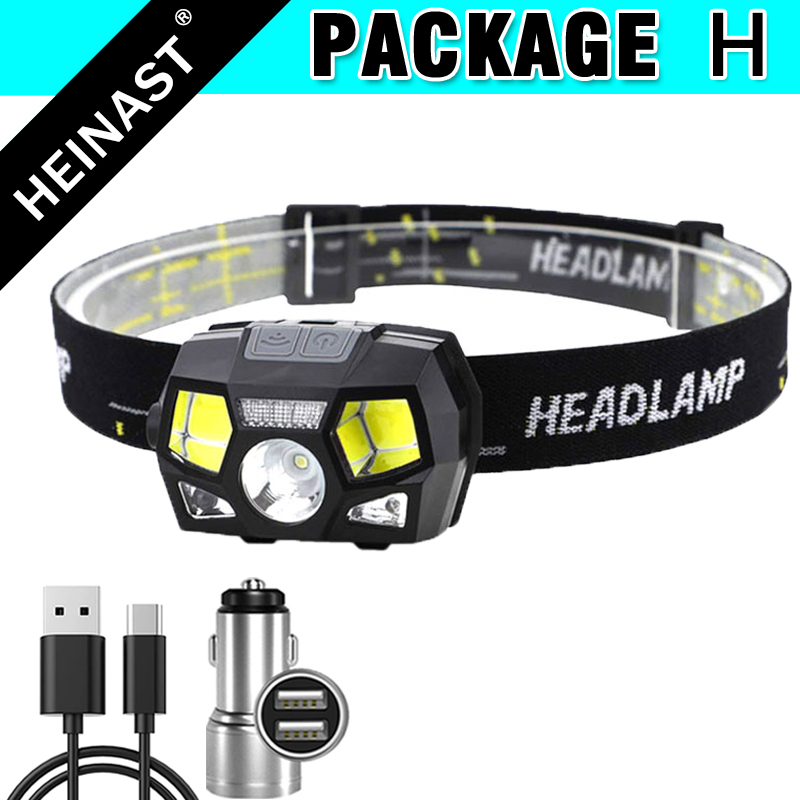 COB LED Headlamp USB Rechargeable Head Lamp with Built-in Battery Motion Sensor Inductive Headlight Multi-Mode Camping Light: H Packing