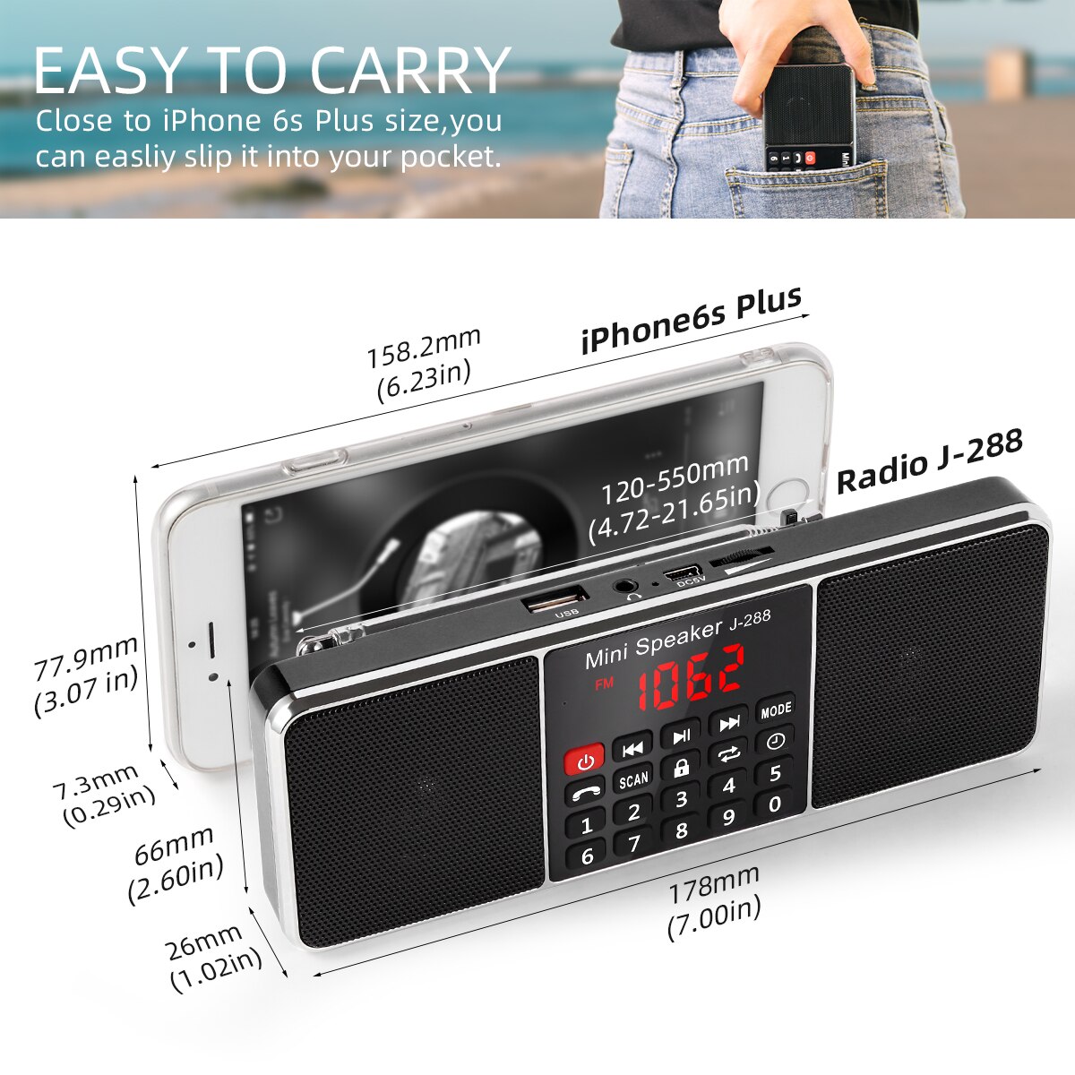 PRUNUS J288 Portable rechargeable Radio AM FM Stereo radio Receiver Bluetooth Speaker Support TF Card USB-disk AUX MP3 play