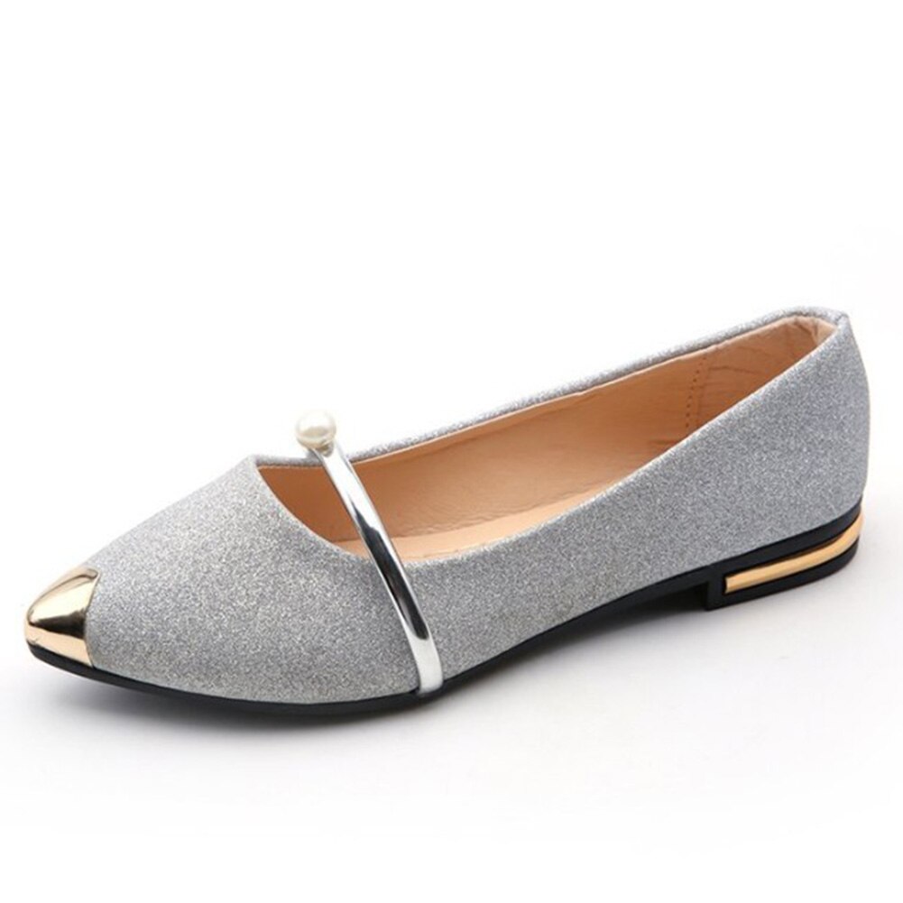 Printemps femmes chaussures plates décontracté talons plats perle femmes chaussures confort bout pointu ballerine Ballet brillant sans lacet chaussures plates: Argent / 4.5