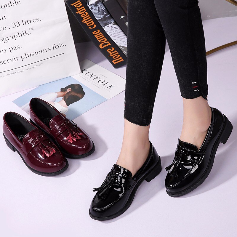 bas épais plate-forme chaussures femme frange gland Oxfords femmes chaussures mocassins femmes chaussures plates en cuir verni sans lacet dames chaussures