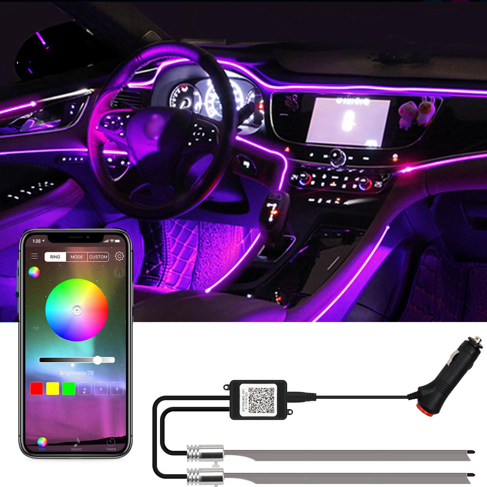 Luces decorativas para Interior de coche, tiras LED RGB de neón, 1/2 en 1, Bluetooth, controlado por aplicación, luces de fibra óptica USB, 12v