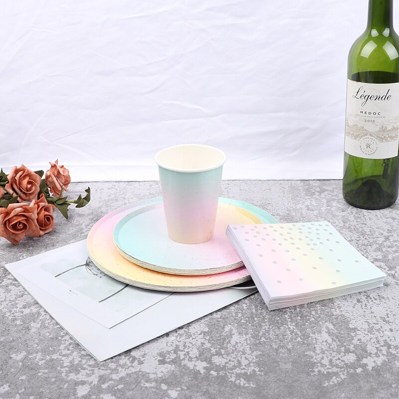 8/16 Stks/set Wegwerp Servies Regenboog Kleur Ronde Platte Paper Cup Handdoek Feestartikelen Verjaardag Wedding Party Decoratie