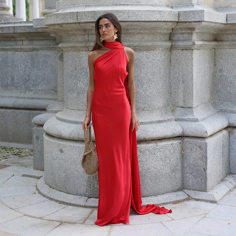 Ensfarvet bånd kvinder halterneck kjole off shoulder ærmeløs rygløs slanke kvindelige maxikjoler sommer chic dame kåbe: S / Guld