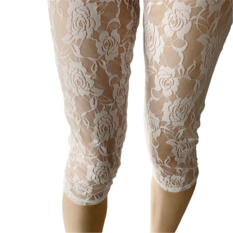 Dames shorts met hoge taille, bloemenkant, doorschijnend, cropped broek, uitgehold, doorschijnend, dunne capri legging, onderbroek: Wit