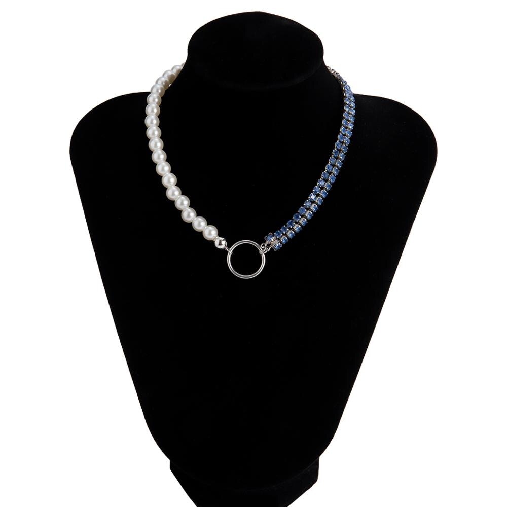 Lacteo Shiny Sexy Colorful Rhinestone Chain Choker Necklace for Women Bohemian Imitation Pearl Clavicle Chain Charm Necklace: Blue Color