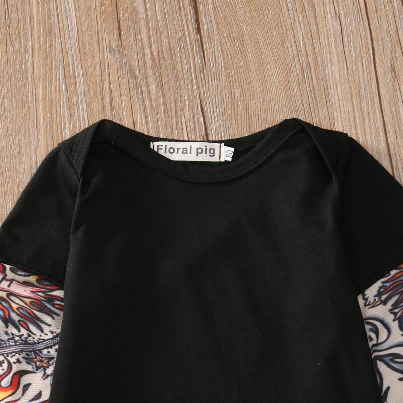 Summer cotton Newborn Baby Boy Bodysuit Clothes Tattoos Print Long Sleeve Bodysuit Jumpsuit Outfits Black Gray