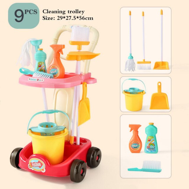 Product Children&#39;s Simulation Sweeping Toy Cleaning Kit Tool Trolley Simulation Play House Cleaning Toy Boy Girl Toy: 9PCS - B