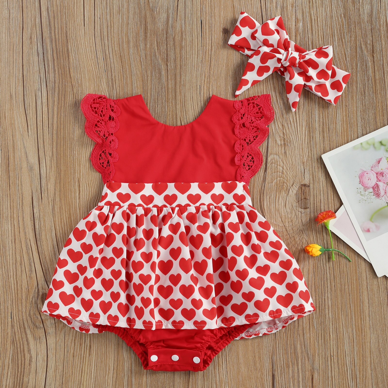 Dia dos namorados bonito do bebê meninas meninos bodysuits bandana amor coração impressão babados laço manga vestido macacões 0-24m