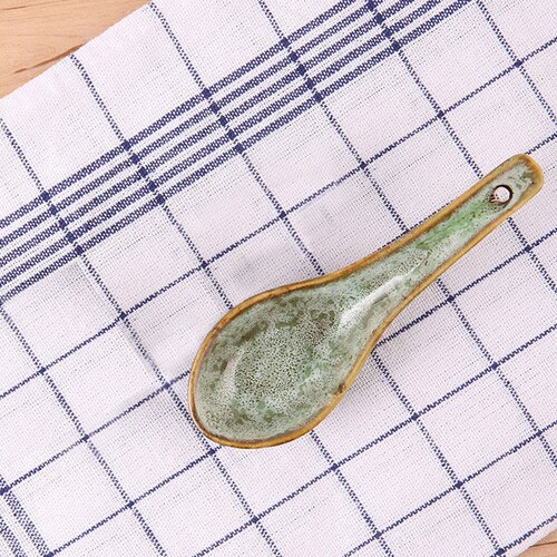 Ceramic Soup Basins Soup Bowl Fruit Salad Bowls with Lids Hotel Restaurant Tableware Snack Desserts Tray Cooking Plates: green spoon