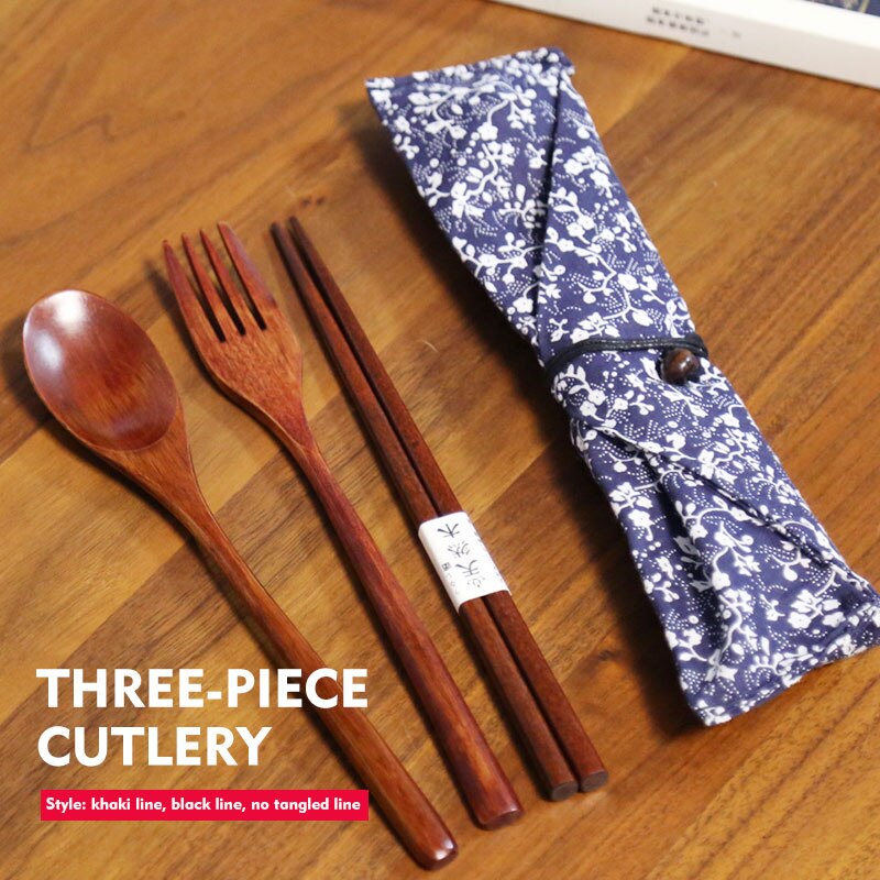 Tableware Set Cloth Bag Spoon/Fork/Chopsticks Dinnerware Set Cutlery Set 3pcs/Set Wooden Handmade Kitchen Dinner Japanese