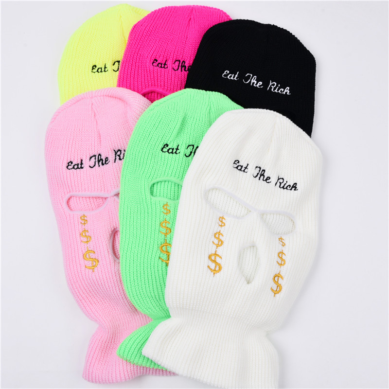 Masque en tricot avec lettres brodées, cagoule 3 trous, chapeaux, de personnalité de fête, Ski unisexe, cyclisme, bonnets de sport au