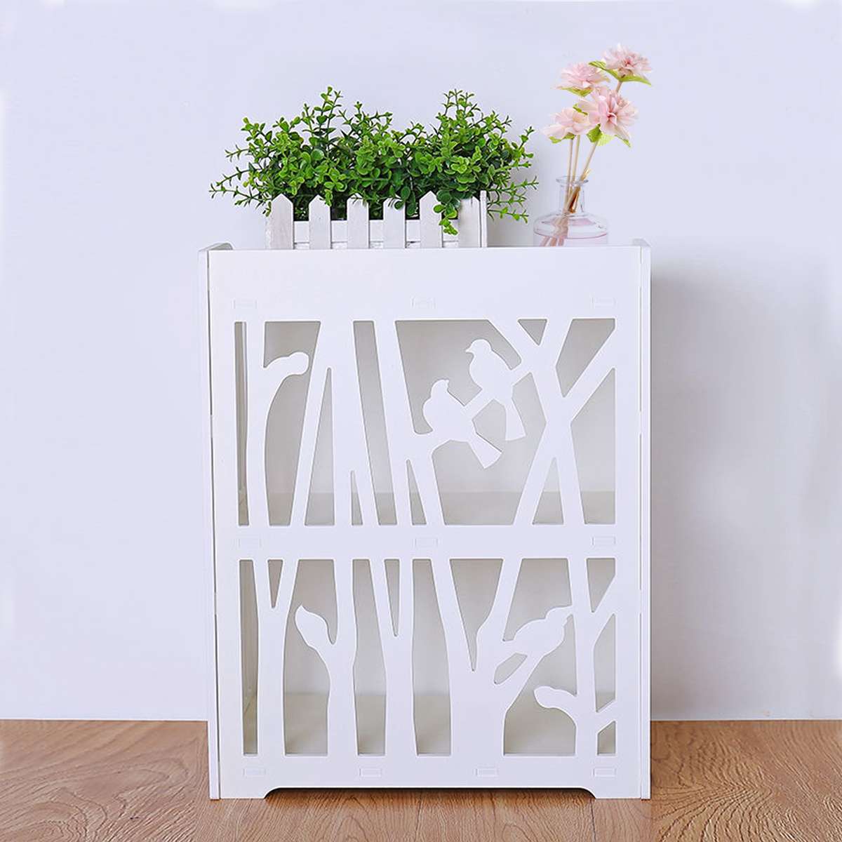 Home White Bedside Table Shelf Rack Hollow Carved Modern Simple Cabinet Nightstand Storage Organizer Living Room Bedroom