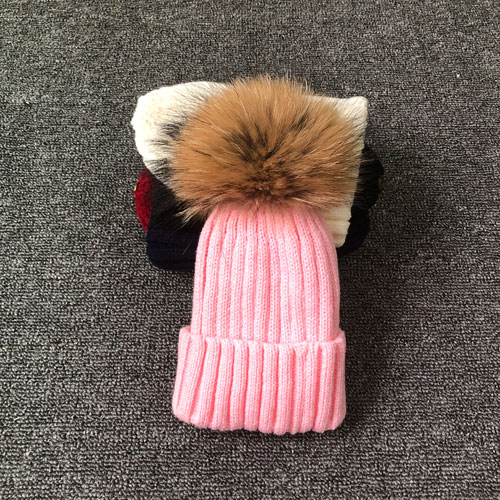 Vinter efterår piger drenge pels pom pom huer hatte bomuld hue hue til baby dejlige strikhuer med pels pompon hatte børn: Lyserød / Til voksen størrelse 53-62