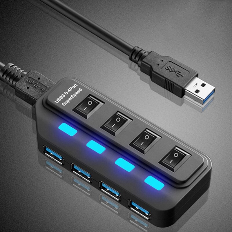 USB Hub 3.0 Splitter,4 Port USB Data Hub with Individual LED Lit Power Switches for Computers