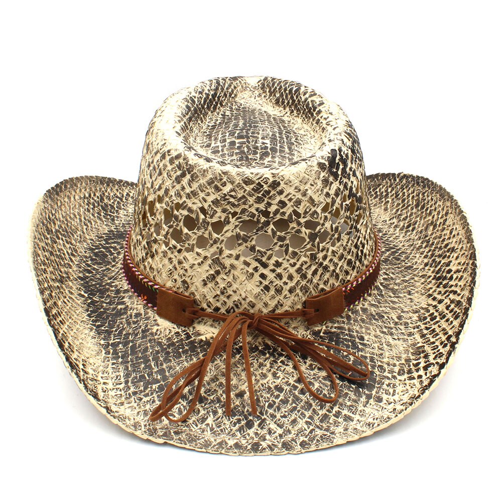 Sombrero de paja para Hombre y mujer, Sombrero de cowboy hecho a mano del Oeste, Sombrero de playa tejido para Hombre, Sombrero de Jazz para vaquera, cinta de hojas Punk, tamaño 56-58CM