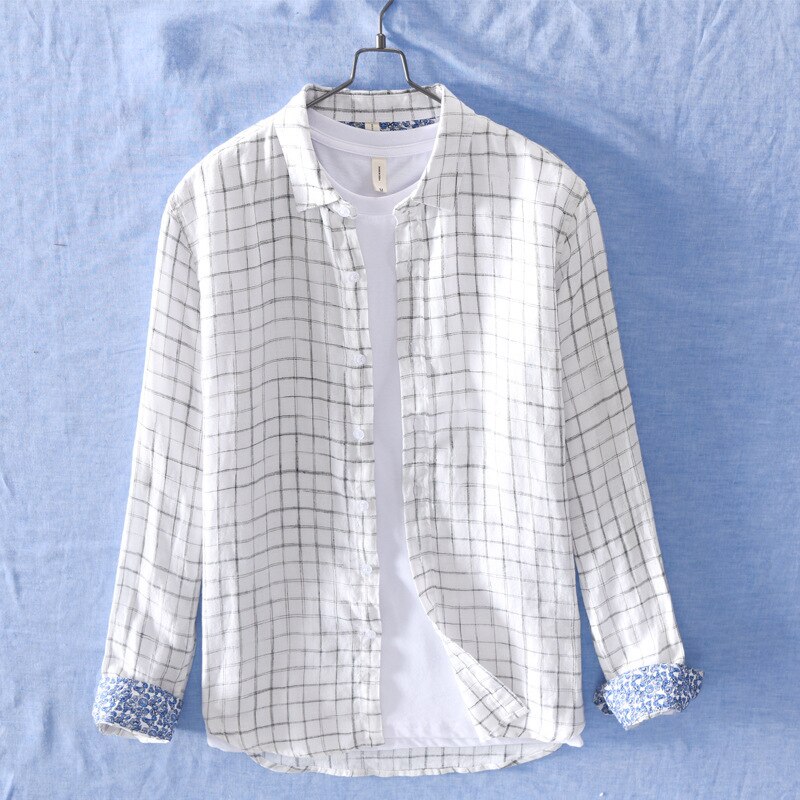 Camisas de linho xadrez para o homem cânhamo puro feito respirável confortável manga longa clássico 2020 outono inverno novo GML04-760: XXXL