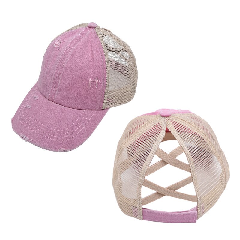 Verstelbare outdoor sport gat casual criss cross paardenstaart mesh zonnehoed reizen magische sticker baseball pet unisex zomer: Roze