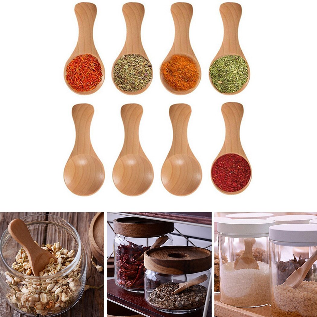 8Pcs Small Wooden Salt Spoon Solid Natural Wood Condiments Spoon Handmade Crude Wood 8.5*3.3cm Eco-Friendly For Salt,Sugar Etc.