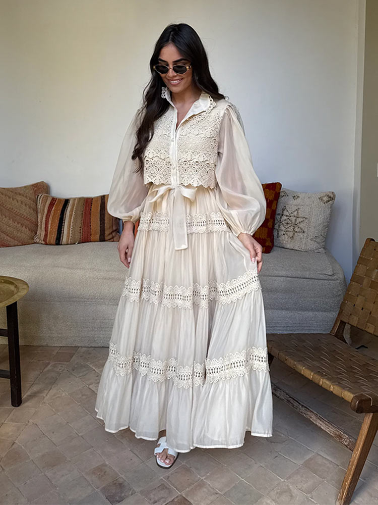 Vestido Floral calado de manga larga para mujer, vestido largo plisado con solapa y mangas acampanadas, con cordones y una hilera de botones