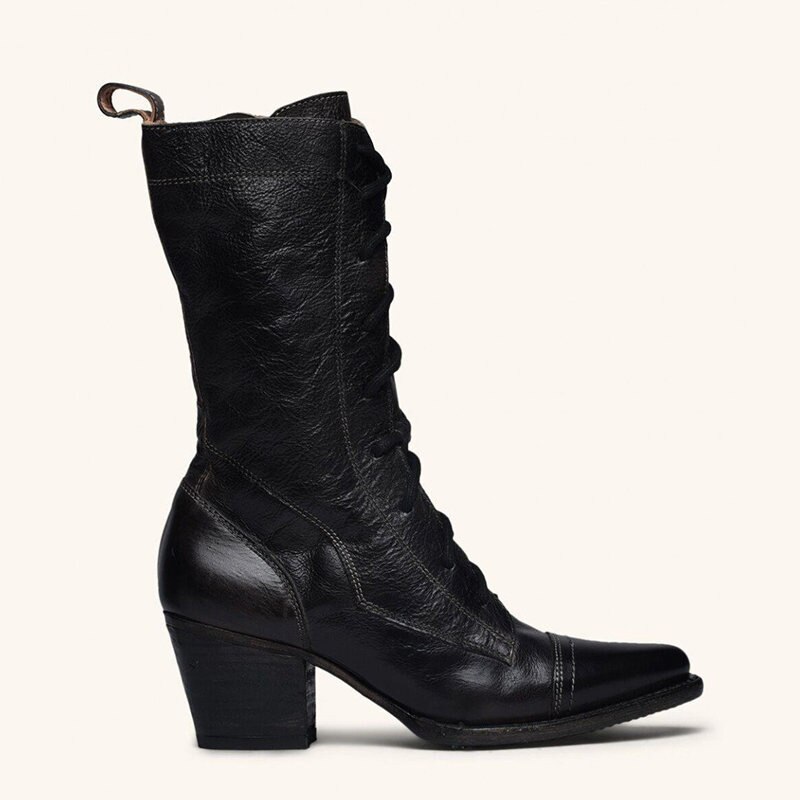 Vinterstøvler kvinder retro sko læderstøvler vintage nitter rund tå snøre midt på læg martin støvler zapatos plus str.: Sort / 5