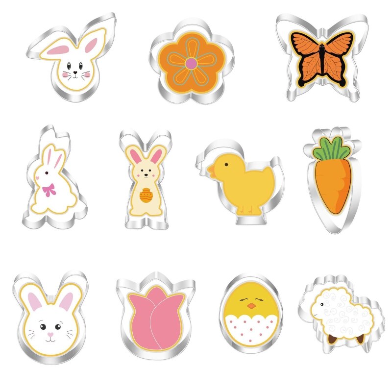 11 Pack Easter Cookie Cutters Set Egg Rabbit Bunny Hare Chicken Butterfly Carrot Fondant Biscuit Cutters Stainless Steel B03E