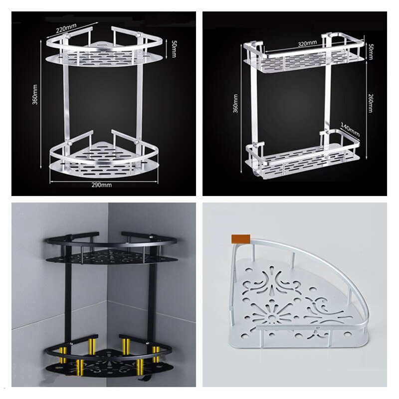 Estantes de aluminio para baño, repisa esquinera de pared para cosméticos, almacenamiento de champú y ducha, ganchos de Hardware, color negro y plateado