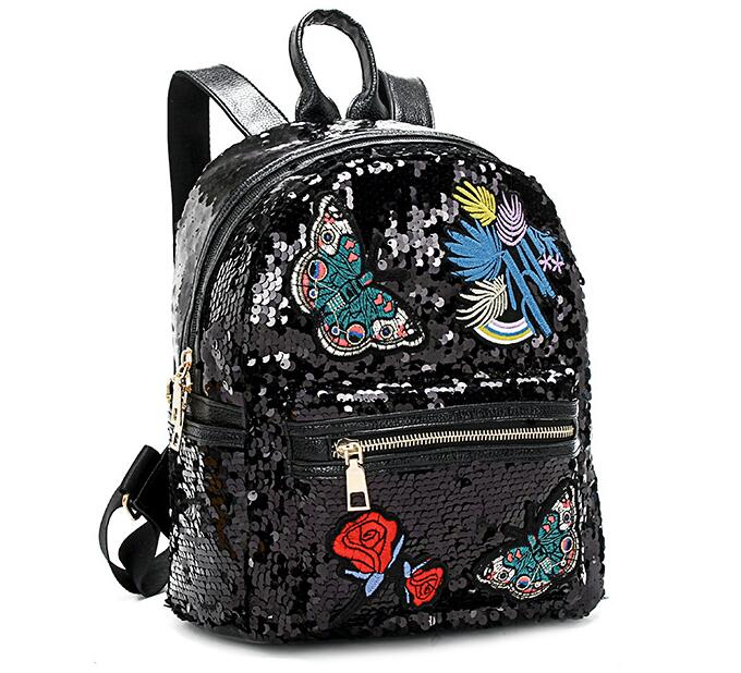 Glitter Pailletten Borduurwerk Rugzak Vrouwen Mode Reizen Rugzak Rose Vlinder Patched Schooltas Mochilas