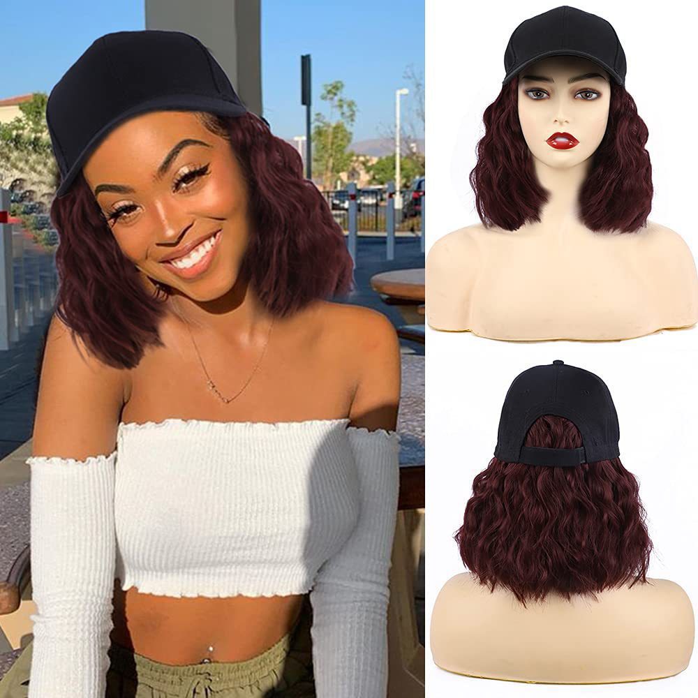 Pelucas de pelo ondulado rizado esponjoso sintético largo negro Difei con sombrero gorra de béisbol conectar naturalmente peluca de sombrero ajustable para mujeres: Naranja