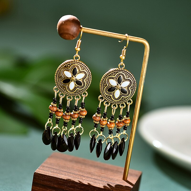 Etnische Retro Bloem Boho Sieraden Turkse Jhumka Oorbellen Vrouwen Vintage Turkije Hout Kralen Kwastje Oorbellen Bijoux: Style 2