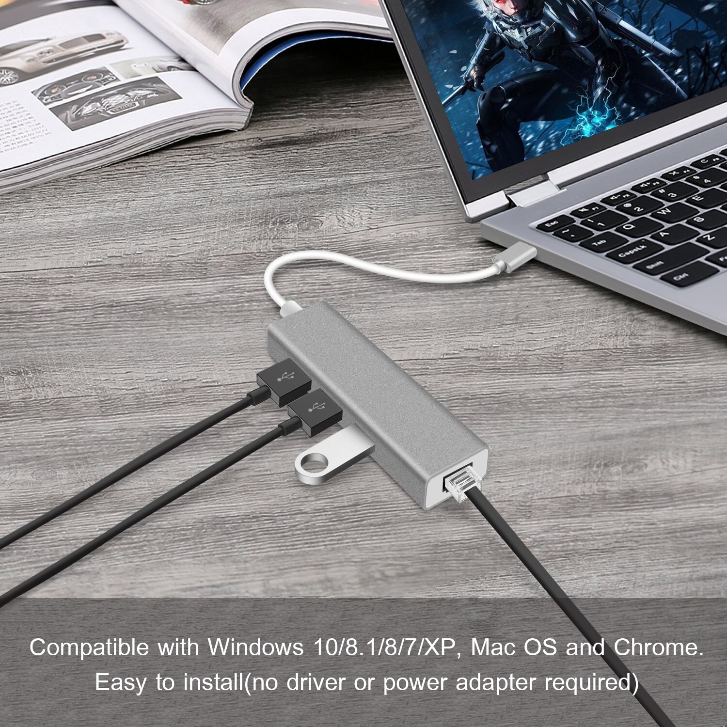 Usb c ethernet-adapter met 3 usb 3.0- hubs voor macbook pro pc, goojodoq usb type c-hub gigabit ethernet  rj45 lan usb c-hub