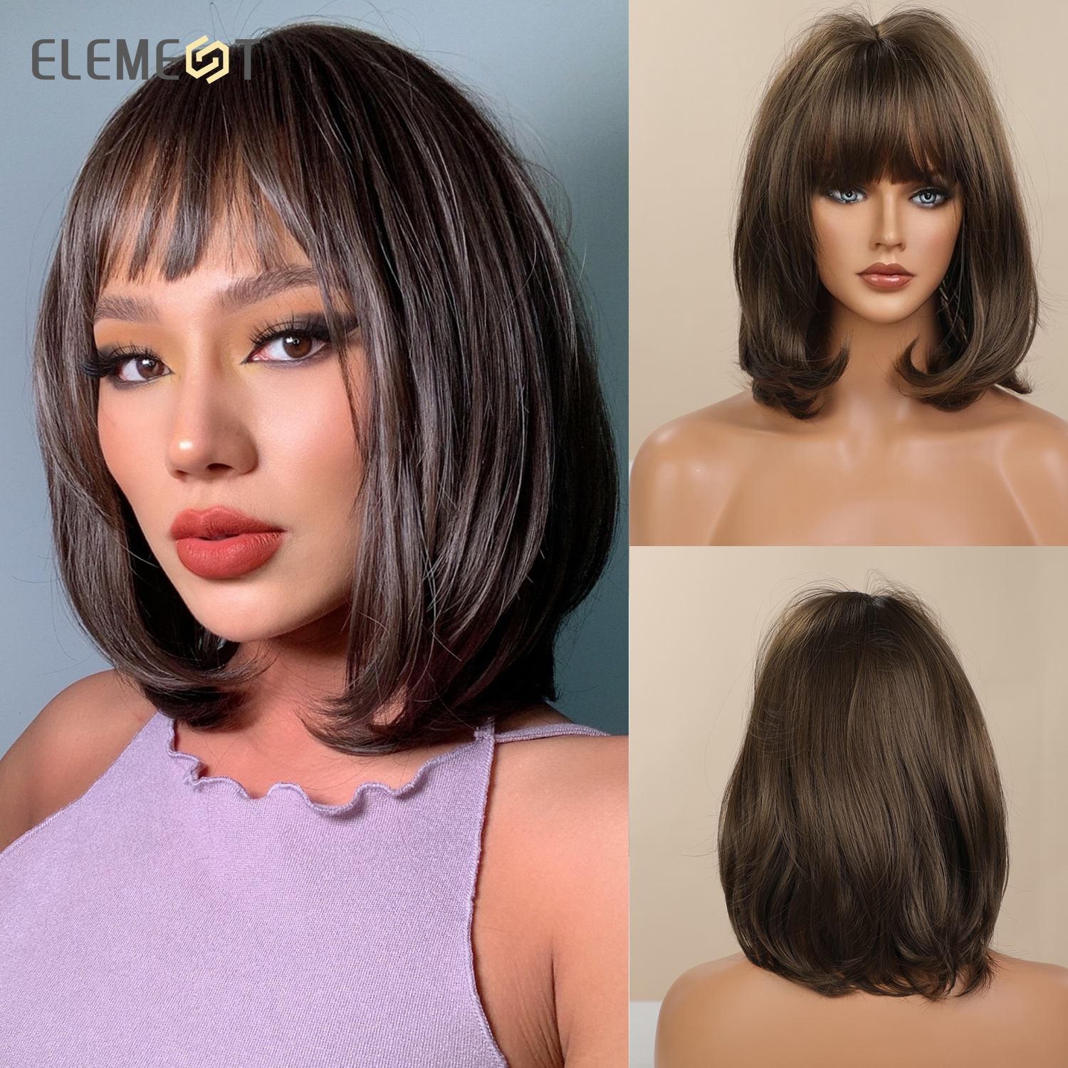 Element Synthetic Short Straight Bob Wigs for White/Black Women Ombre Brown Blonde Cosplay Party or Daily Wigs with Bangs: lc6033