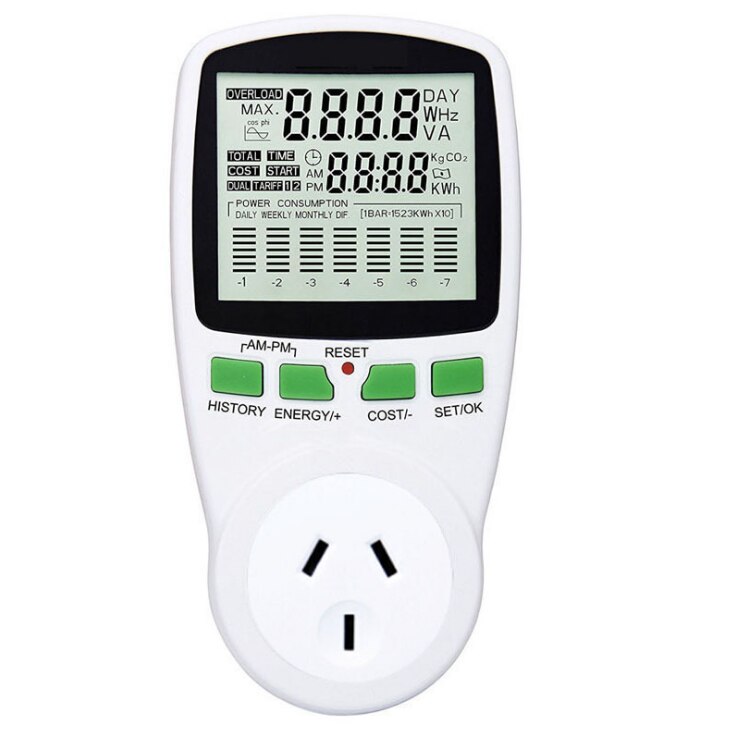Eu us uk au plug in digital watt meter lcd power meter el kwh power meter måle stikkontakt power analyzer energy meter: Au tilslutning