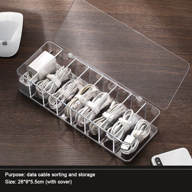 Cable Storage Box Transparent Plastic Data Line Storage Container for Desk Stationery Makeup Organizer, Key and Jewelry Box: With lid