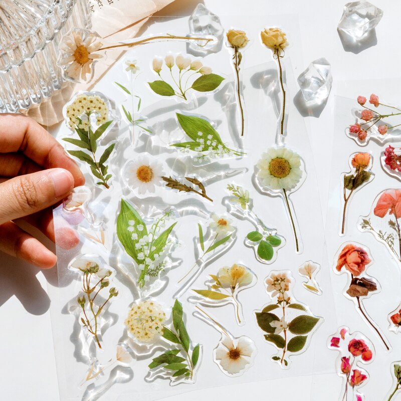 Cute Flowers Glue Clear Sticker Fern Leaves Decorative Stickers Scrapbooking Stick Label Diary Album stationery Sticker