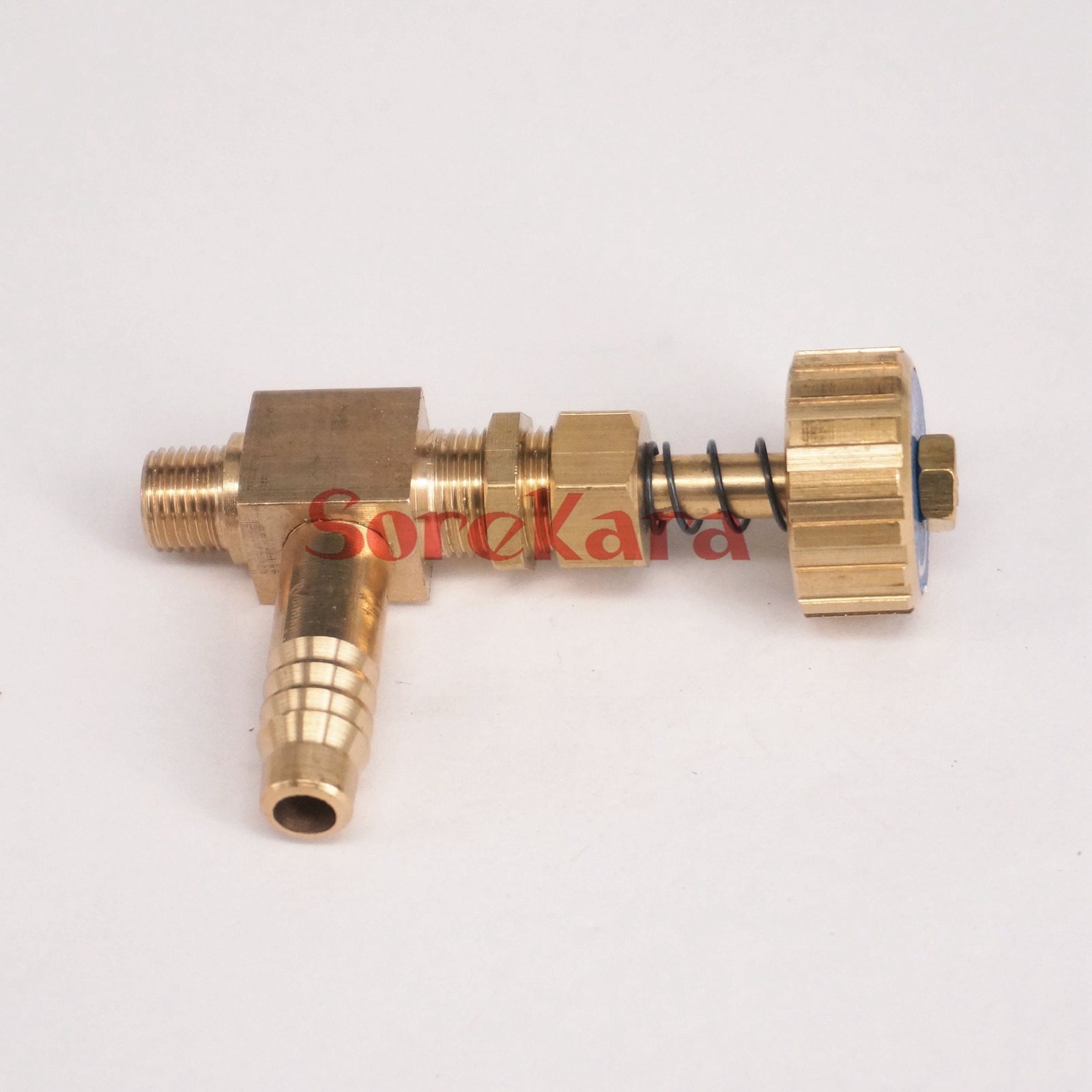Albue messing nåleventil med fjeder  m10 x 1mm metrisk gevind  to 10mm i/d slange modhage max tryk 0.8 mpa for gas