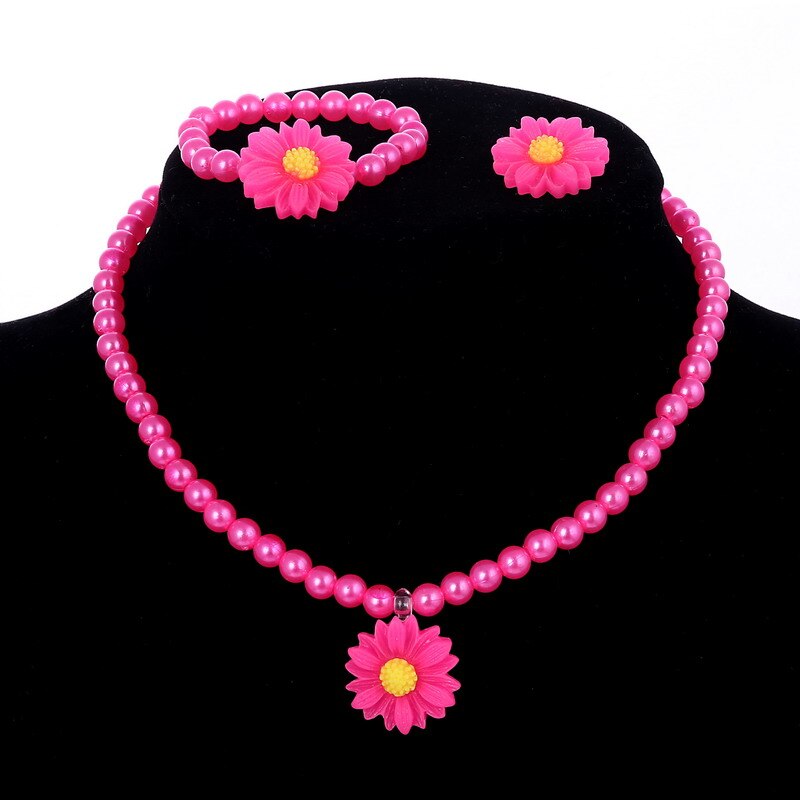 Ensemble de bijoux pour enfants, perle imitation perlée, meilleur bébé Rose fille, fleur Rose, collier, Bracelet, bague: F493