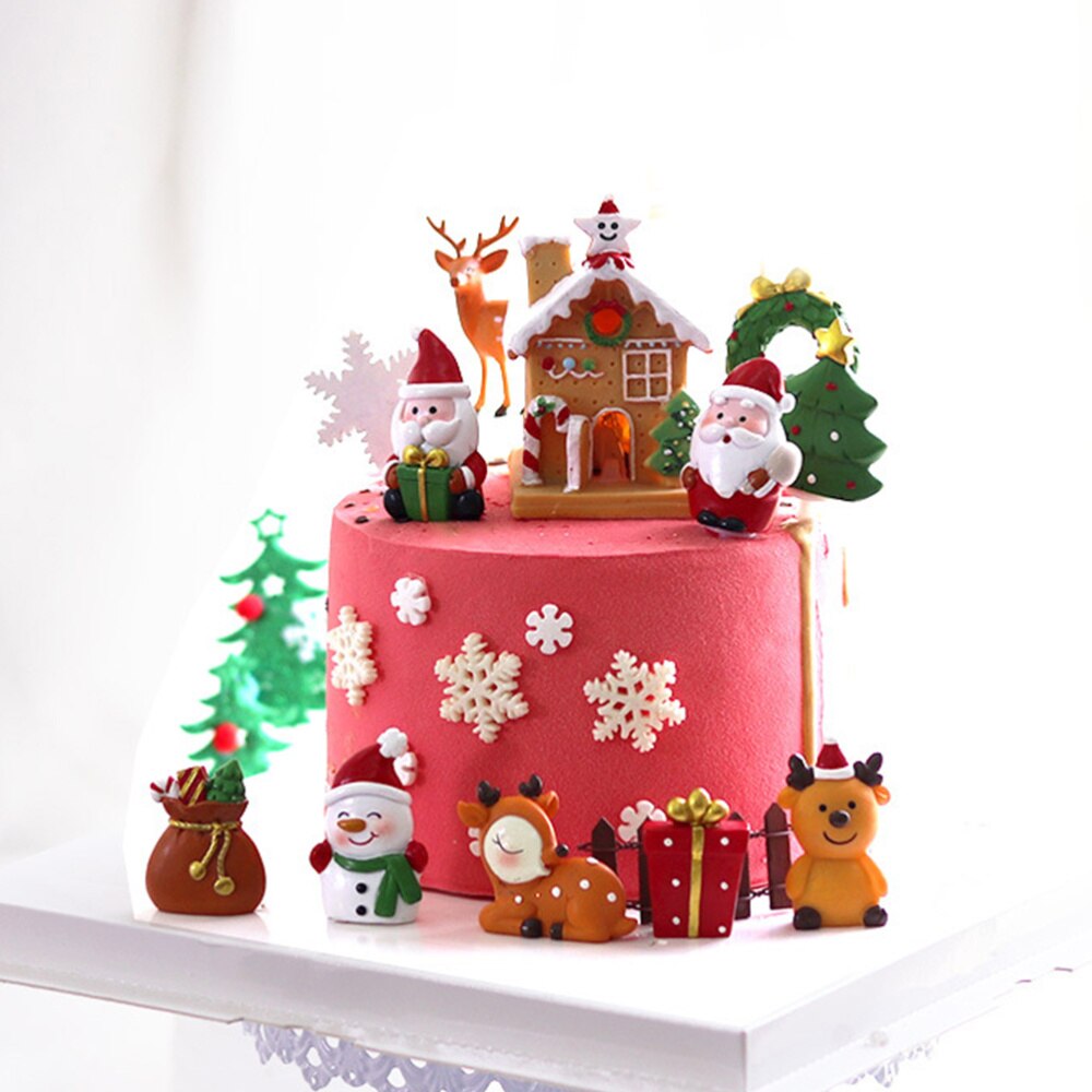 6 Pcs Christmas Cake Toppers Resin Illuminate Cake Decoration Dessert Stick Clay Model Accessory - House Santa Snowman Reindeer