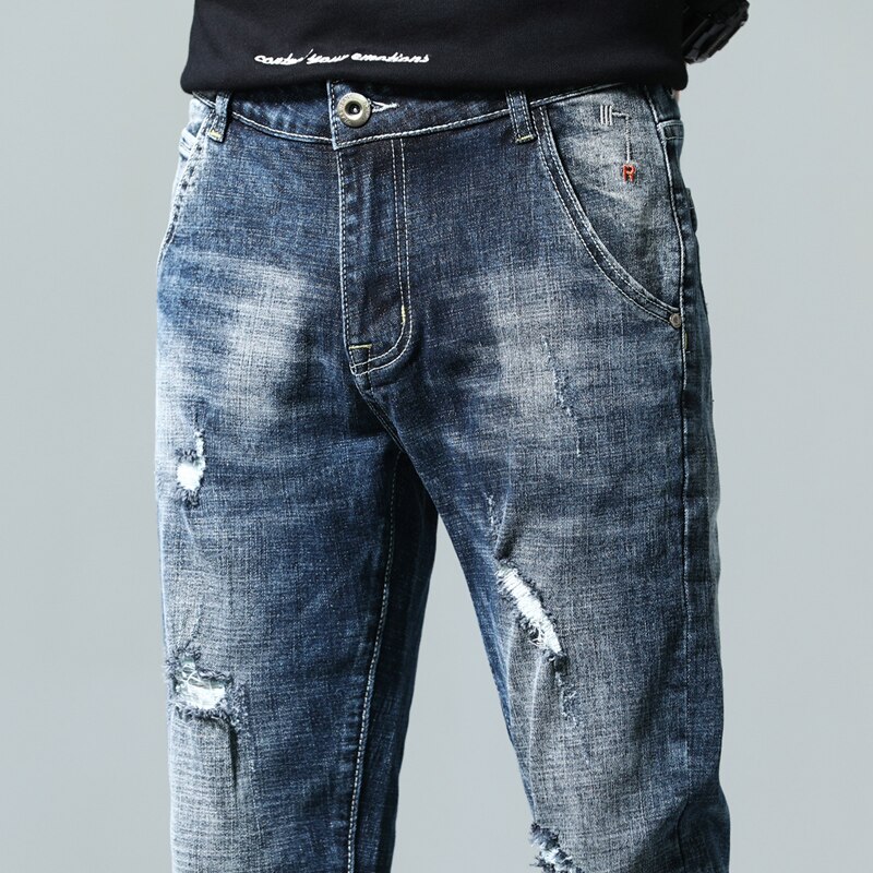 Pantalones vaqueros de motorista para hombre, Jeans elásticos de color azul oscuro, ajustados, rasgados, ropa de calle desgastada, pantalones de mezclilla informales Retro, pantalones de hip hop para hombre