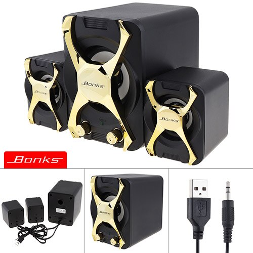 K2 Powerful Bass USB Notebook Stereo Speakers Subwoofer Portable Full Frequency Speaker for Desktop PC Laptop Mobile Phone: Black and Gold