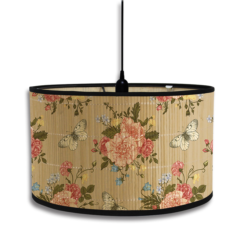 Abat-jour à motif de plante verte de Style nordique, abat-jour d'art en bambou, lustre de café, décor de salle d'accueil rétro, couvercle de lampe suspendue