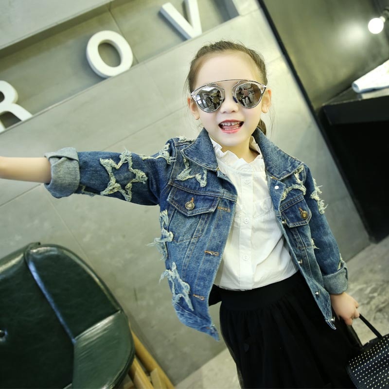 Chaqueta vaquera para niñas, abrigo de lavada con estrella de cinco puntas y lentejuelas brillantes, ropa informal de manga larga para primavera y otoño,