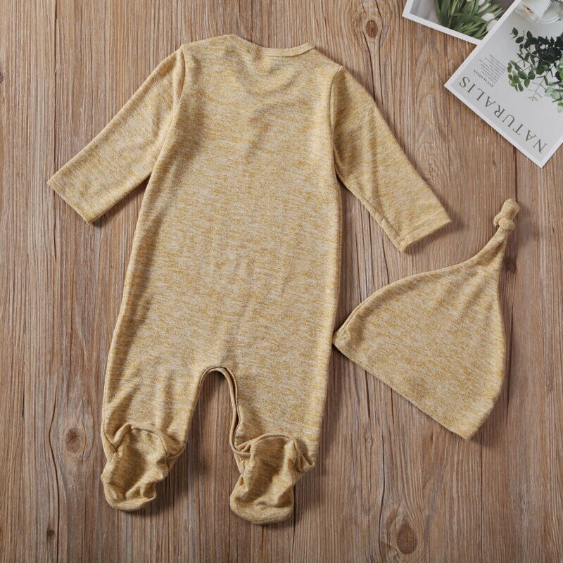 0-12M baby baby gewikkeld Footies jumpsuit lange mouw comfortabele katoenen solid speelpakje + hoed 2 pcs solid pasgeboren pak