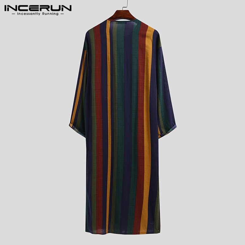Incerun män etnisk mantel vintage randig långärmad muslim kaftan mantel o hals knappar jubba thobe fickor dubai arabiska kläder