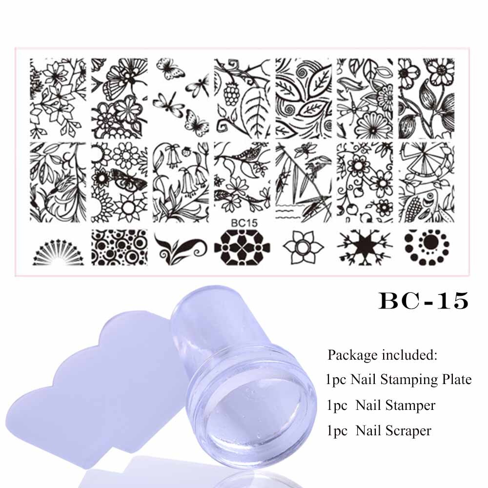 1 sæt blonde stempelplade til nail art blomst 3d overførselstryk stencil stamper skraber manicure stempel værktøj chbc 01-20: Bc15