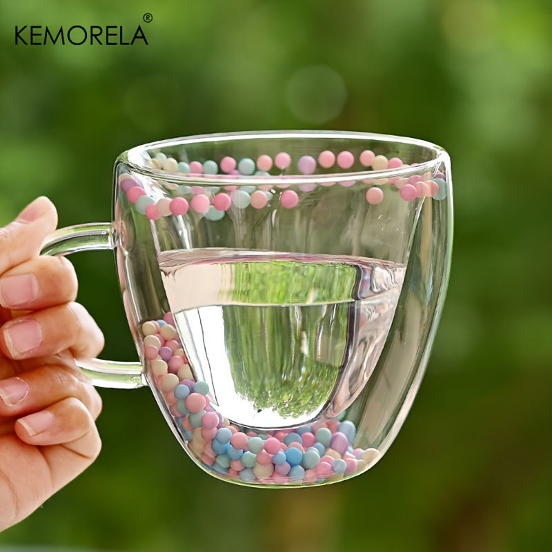 KEMORELA 1PCS Dubbelwandige Helder Glazen Koffiemok met Handvat Liefde Vorm Gekleurde Ballen voor Espresso Helder glazen Beker